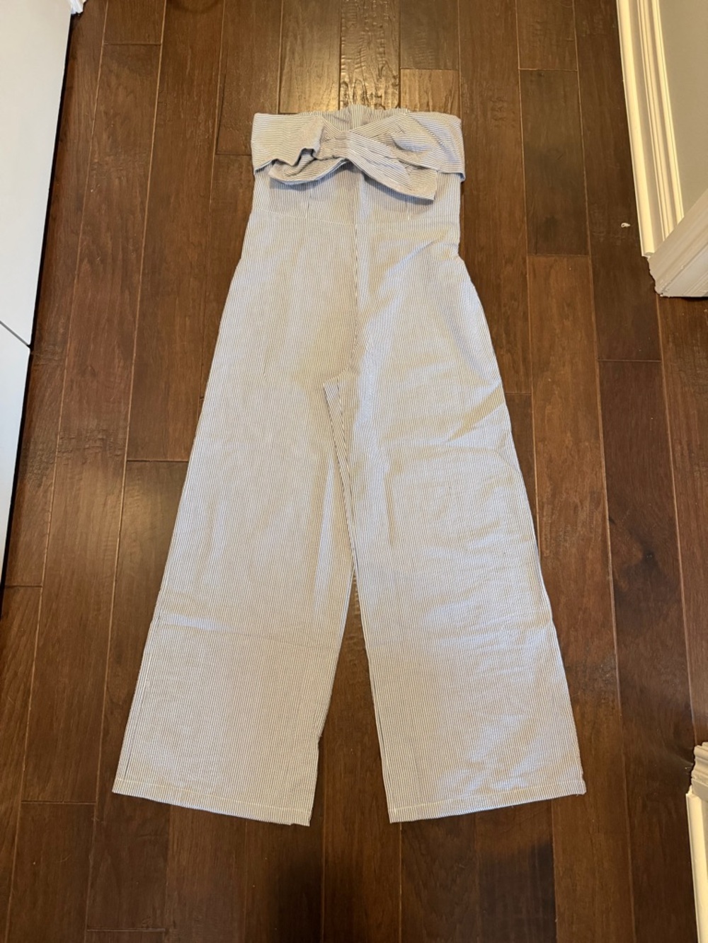 Boutique Light Blue and white searsucker Strapless Wide-Leg Jumpsuit